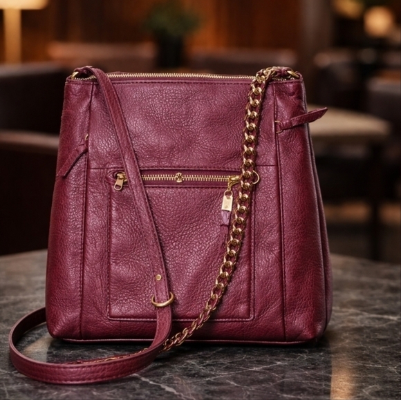 Handbags - Vintage Elliott Lucca Gwen Burgundy Leather Maroon Gold Chain Crossbody Bag